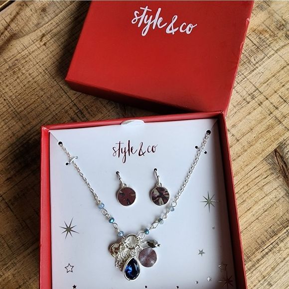 Style & Co Silve-Tone Multi-Charm Pendant NECKLACE & Disc Drop EARRINGS Set NEW! - Picture 3 of 5